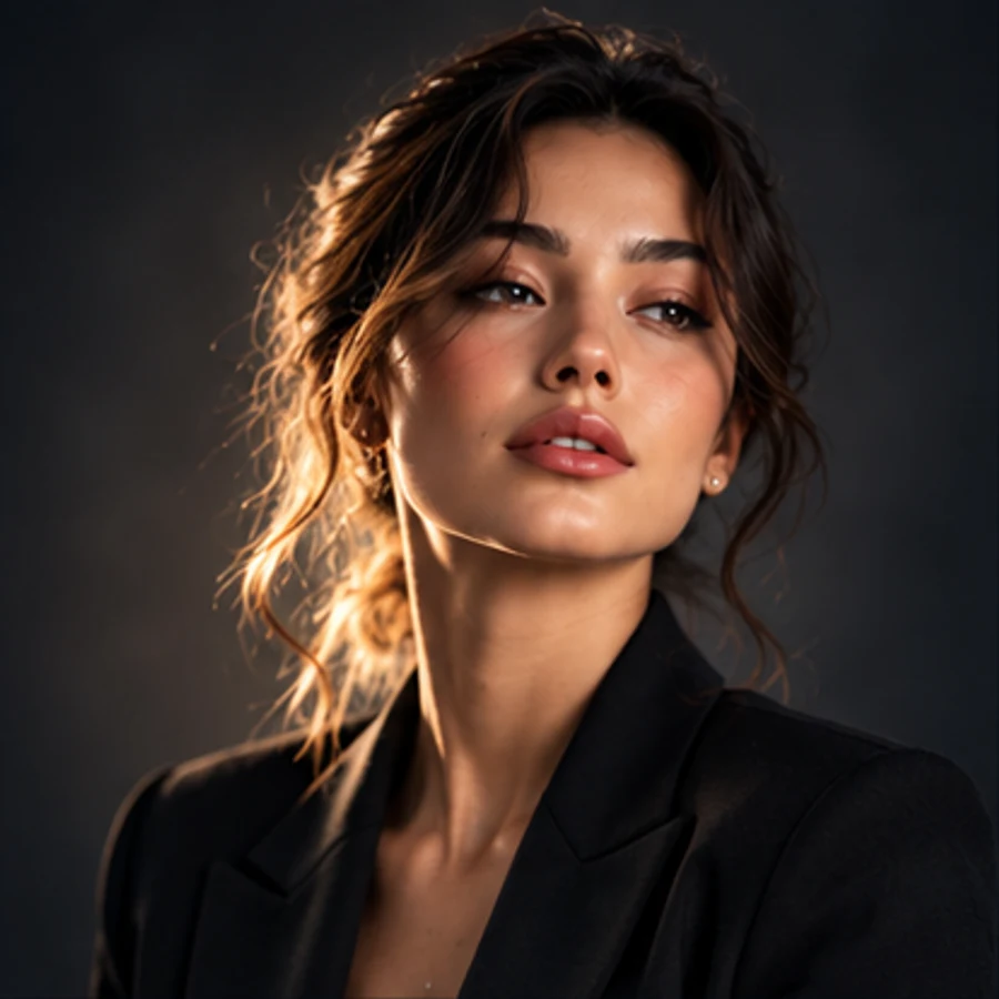 Professional AI headshot in a dark blazer with warm studio light