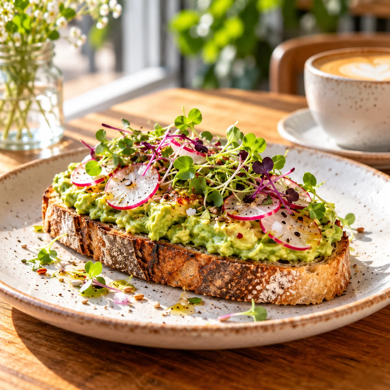 Bright cafe AI food photography of avocado toast