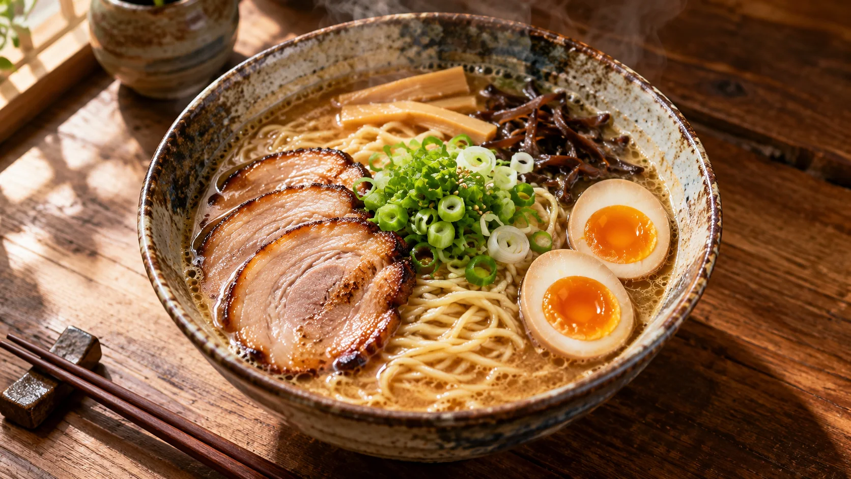 Overhead AI food photography of ramen with soft window light