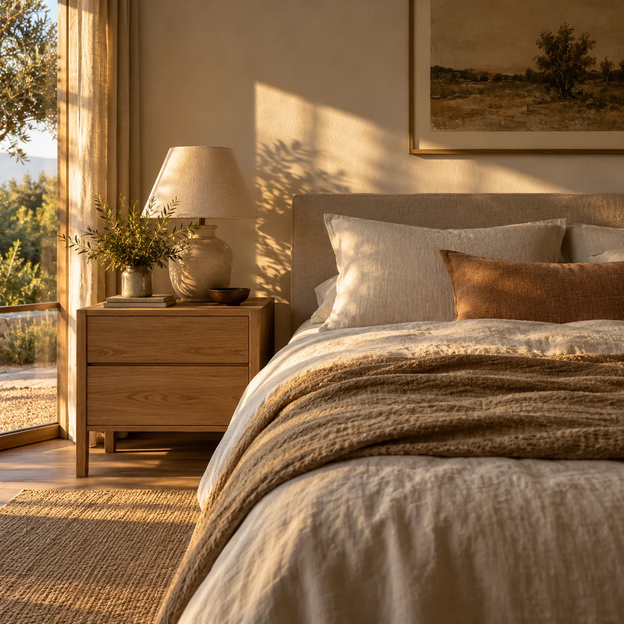 AI interior design bedroom with warm evening light