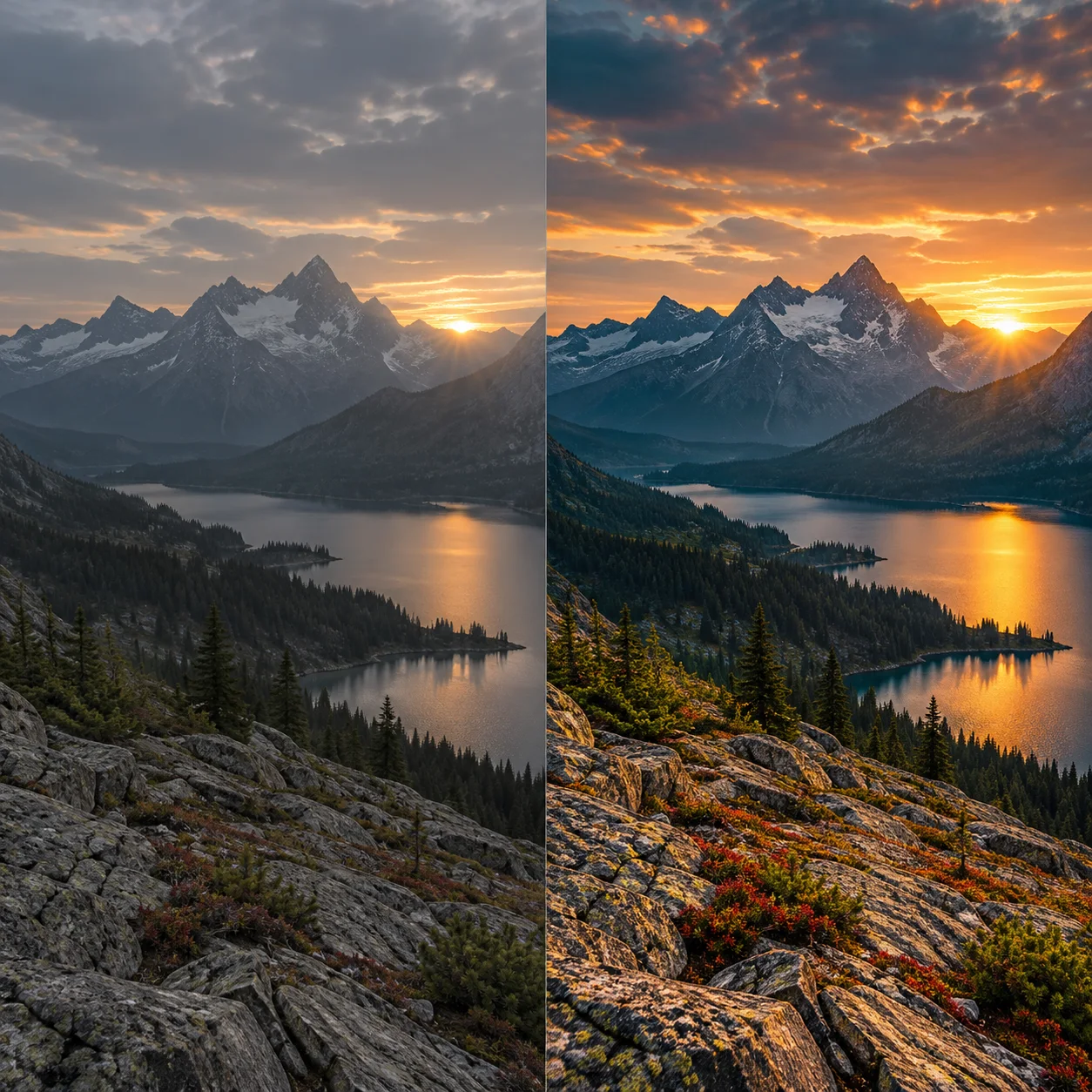 AI video editor before-after grade still